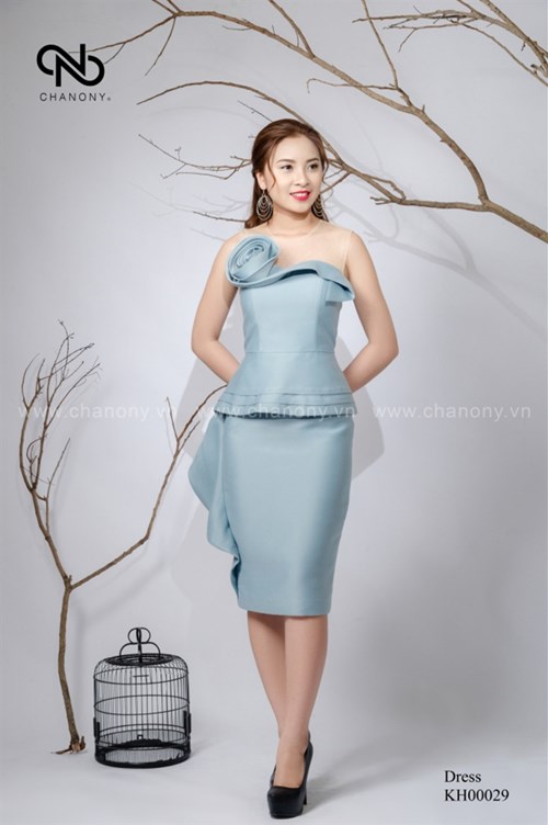 Váy bút chì cuốn hoa ngực eo xếp lớp 